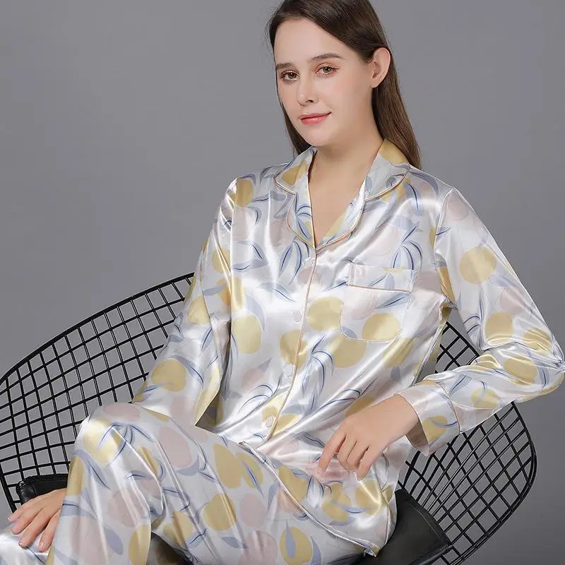 Spring Summer Women's Silk Pajamas set Shirt Long Sleeved Two Piece Set for Middle Aged Women Mothers 2XL Size Cozy Soft Sleep