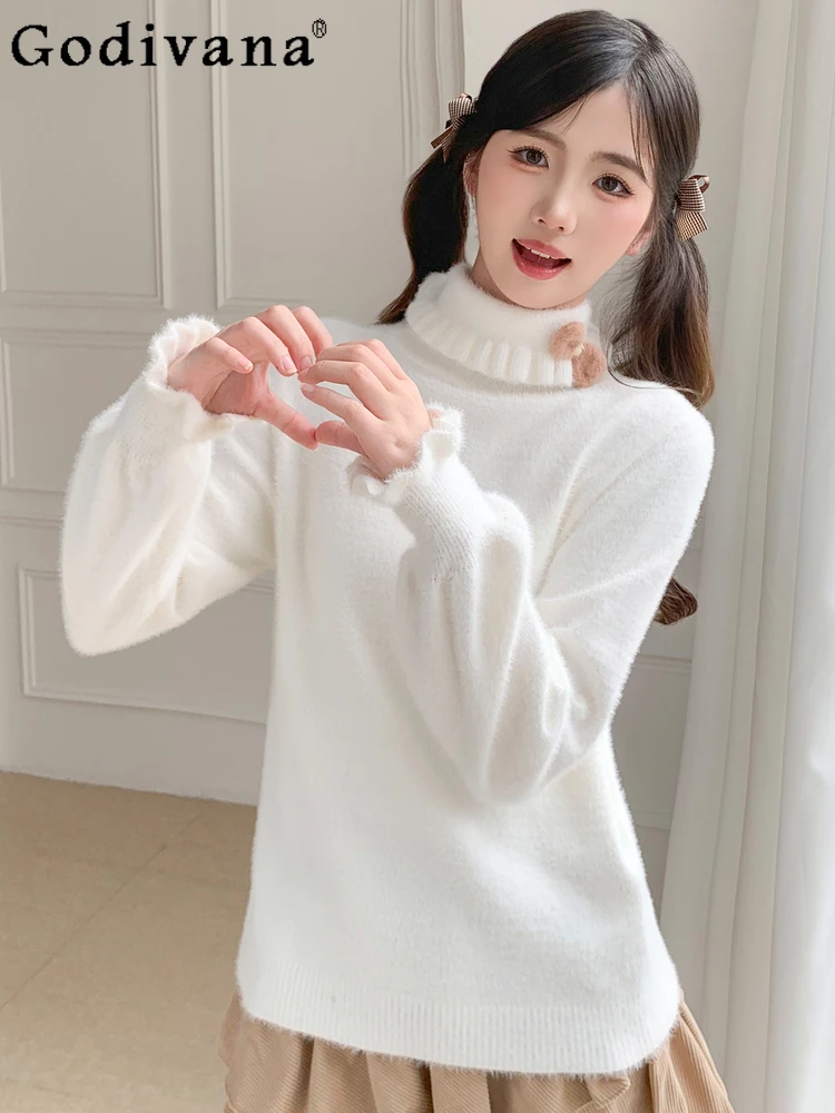 

Winter Warm Japanese Style Original Lolita Inner Wear Long Sleeve Doll Collar Base Shirt Puff Sleeve Knitted Sweater Women