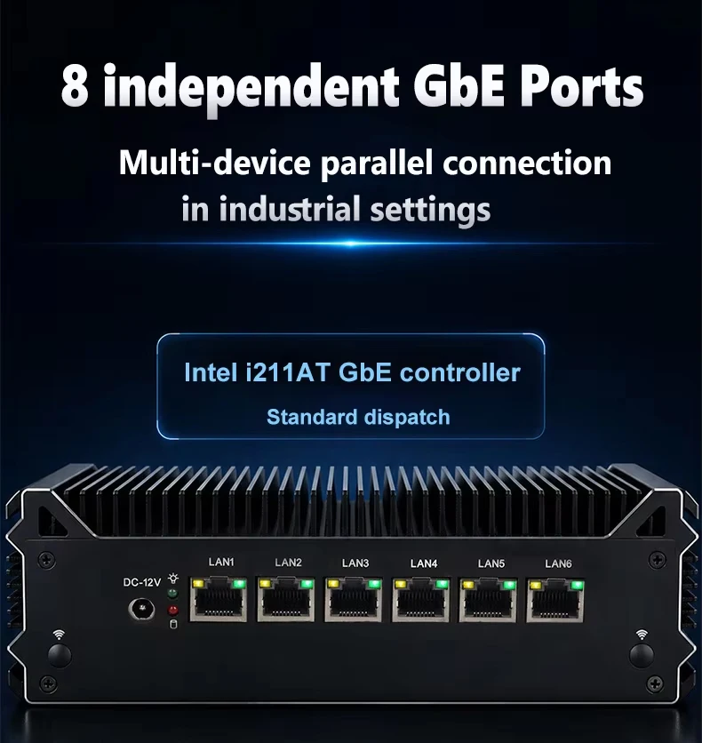 Firewall Appliance 8x Intel i211AT Gigabit Ethernet Ports Mini PC Celeron 3865U Processor Support Pfsense OPNsense CentOS Debian