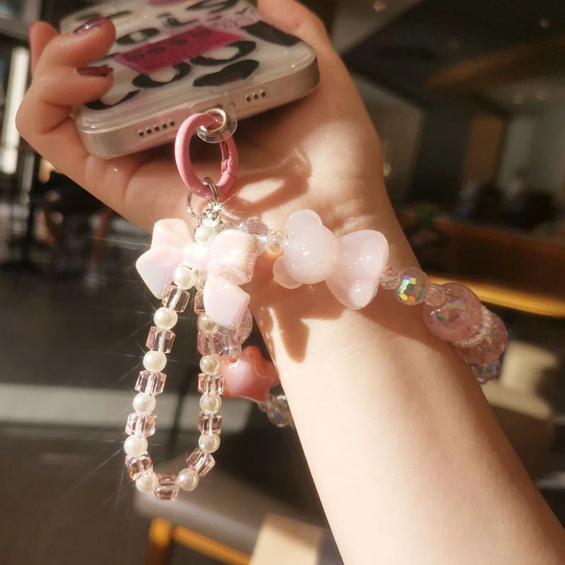 Mobile Phone Lanyard Wrist Chain Colorful Bear Five Star Crystal Beads Women Hand-held Double Chain Short Anti-lost Keychain