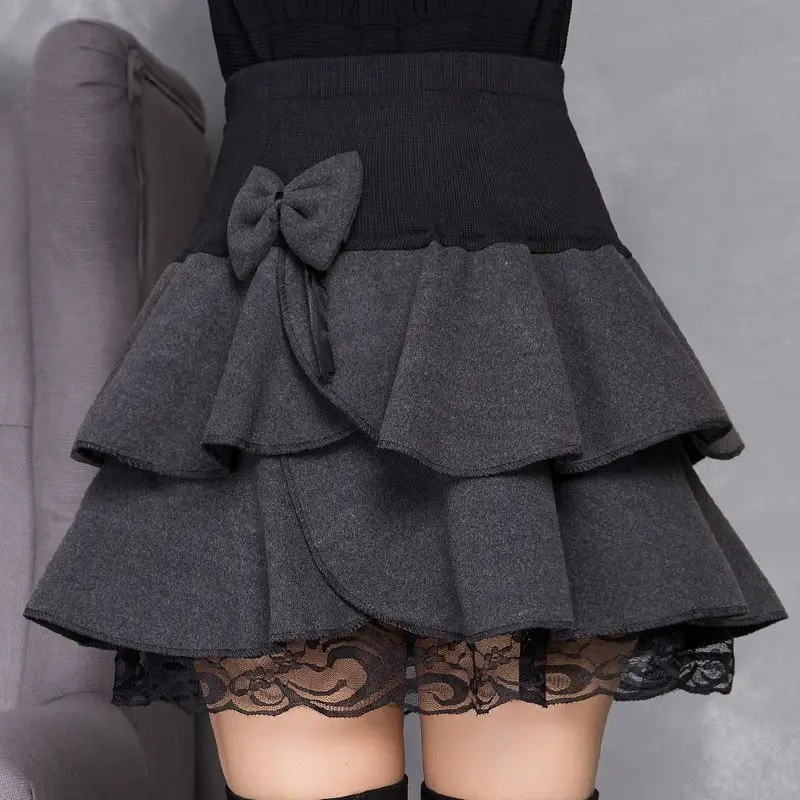 New Half-length Skirt, Bow Tie, High-waisted Woolen Lace Skirt, A-line Puffy Half-length Cake Skirt for Women