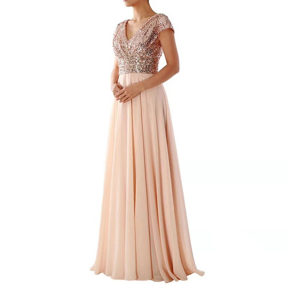 

Elegant Ladies Bridesmaid Maxi Dresses Women Sequins V Neck Gauze Cocktail Prom Ball Gown Evening Party Dress Female Clothing