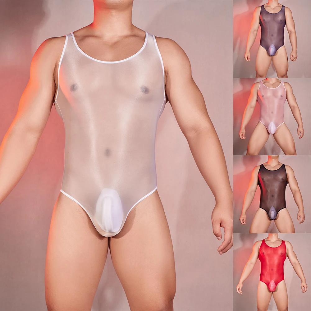 Mono Sexy de malla ajustada para hombre, mono transparente sin mangas, elástico, transparente, brillante