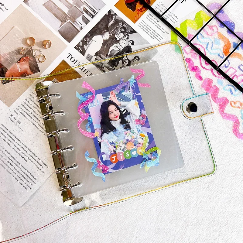 A7 Korean INS Square 6-hole Loose-leaf Transparent Glitter Pvc Goo Card Notebook Journal Notebook A7 Planner Cover Notebook