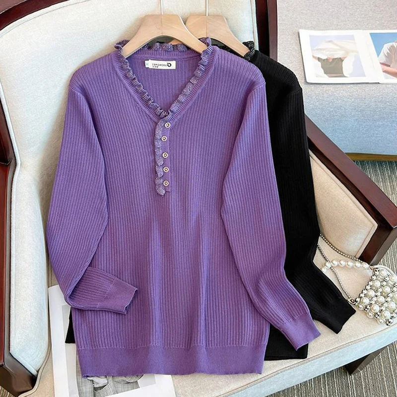 

plus Size Women's Knitted Lace Splice V-Neck Loose Casual Autumn Winter Sweater Long Sleeve Mid-Length Korean Style Commute