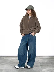 Autumn and Winter Women's Casual Solid Color High Waist Loose Wide Leg Jeans