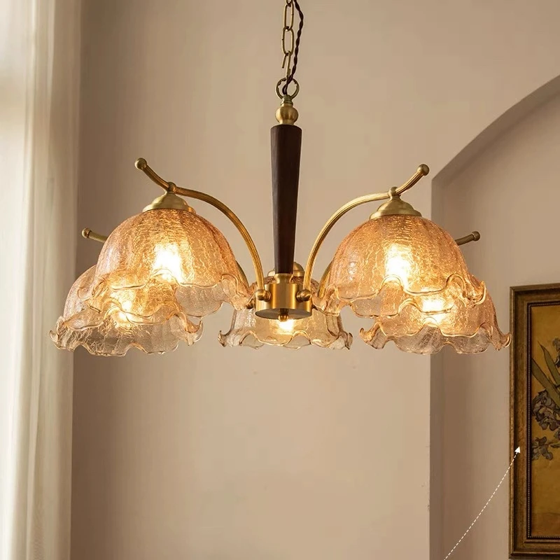 

Full copper luxury American retro living room pendant light walnut pendant light medieval bedroom light