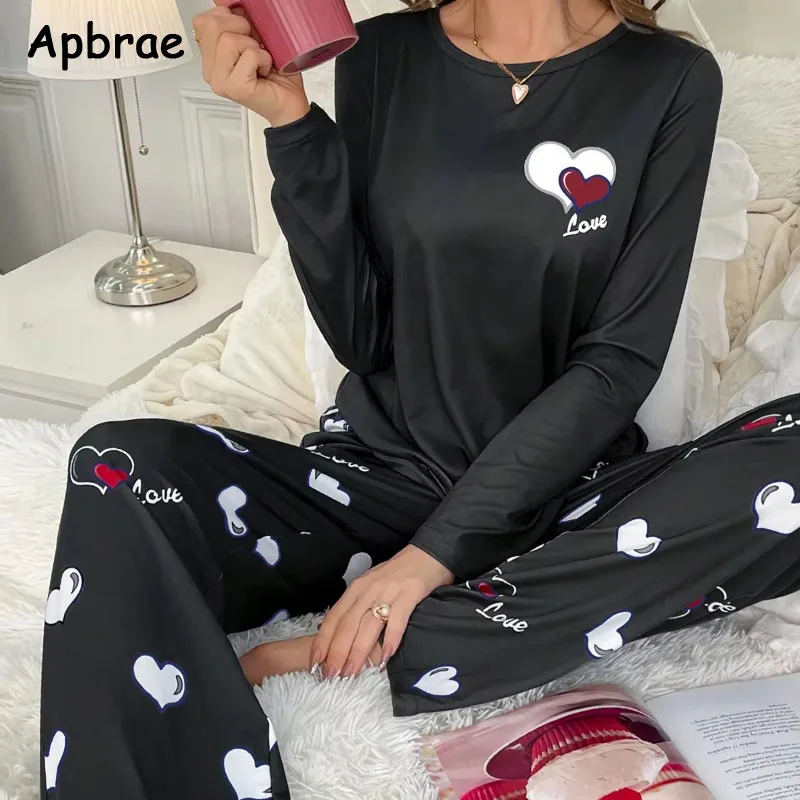 Aututmn Winter Heart Print Pajamas for Women Long Sleeve Long Pants Pajama Milk Silk O-neck Sleepwear Women Home Suit