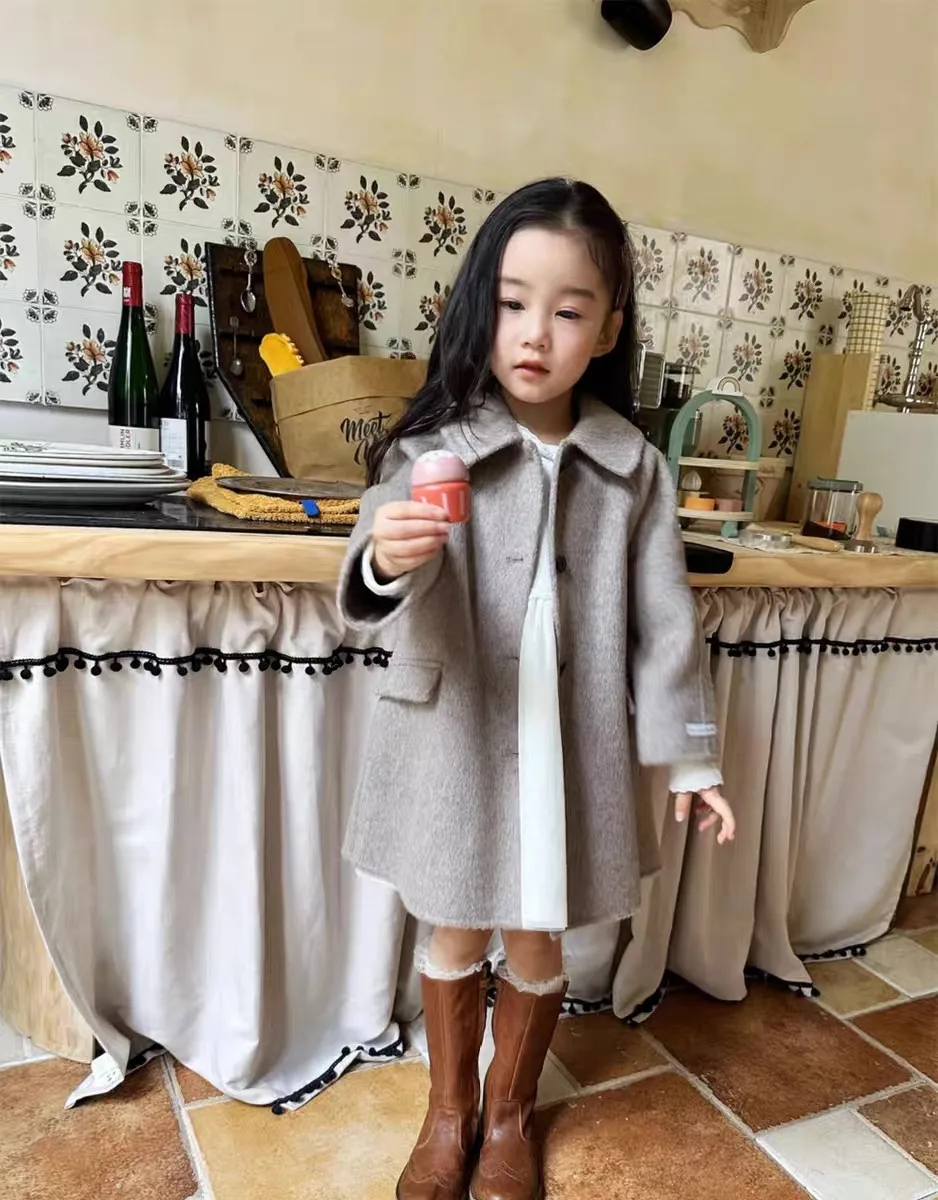 

Детское двустороннее кашемировое пальто для девочек на весну-осень, модный новый стиль, с воротником, однобортное, шерстяное