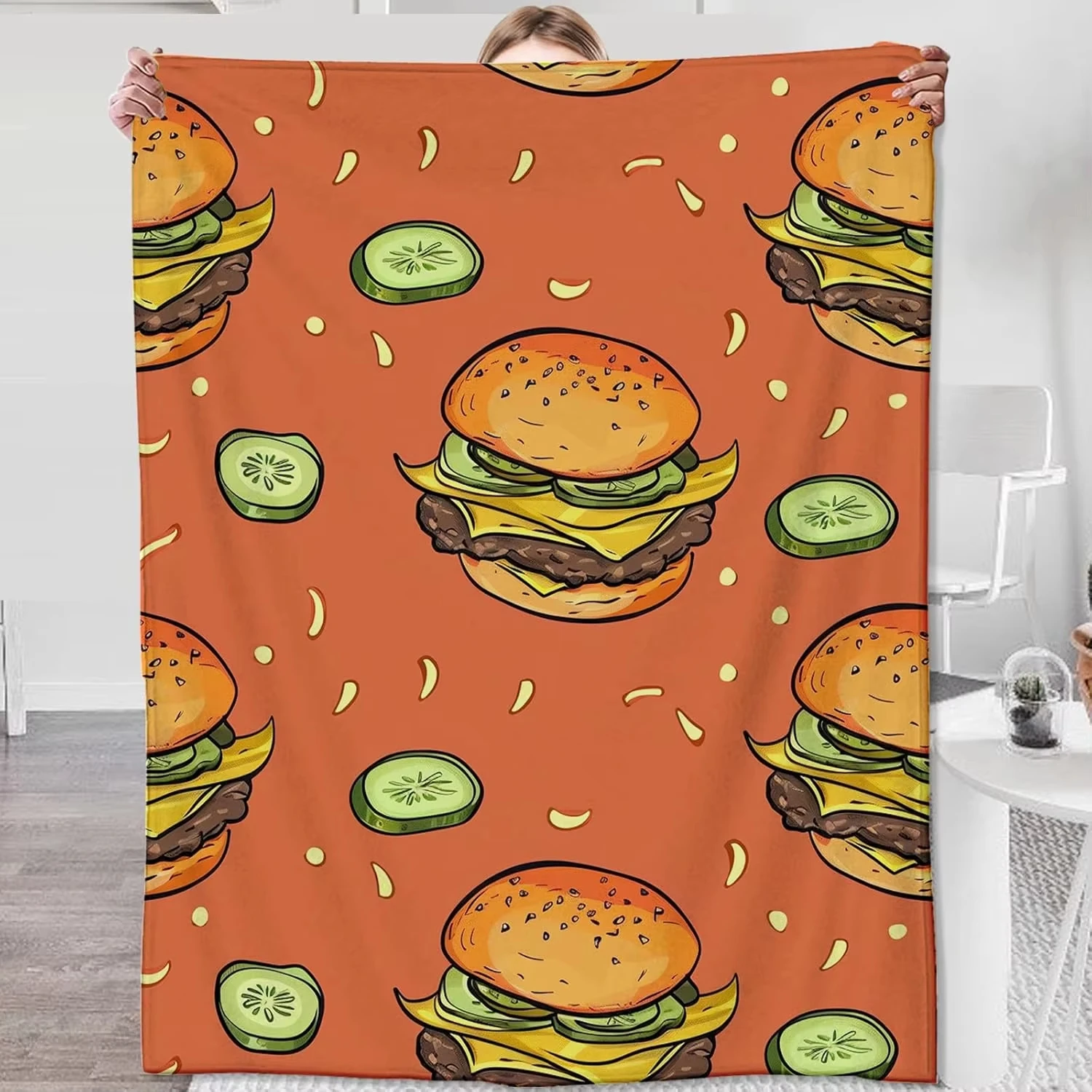 Cheese burger with cucumber pattern Flannel printed blanket suitable for all seasons suitable living room office sofa and travel