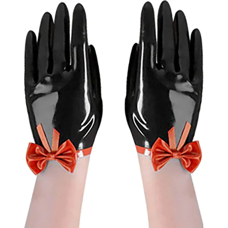 

Black And Lake Blue Sexy Short Latex Gloves With Bows And Trims French Maid Rubber Mittens clubwear