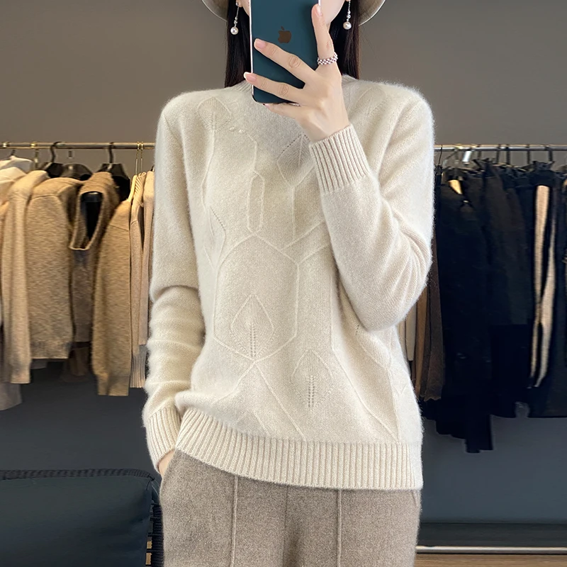 2024 Autumn/Winter New 100% Pure Woolen Sweater Round Neck Solid Color Irregular Lines Commuter Versatile Knitted Cashmere Women