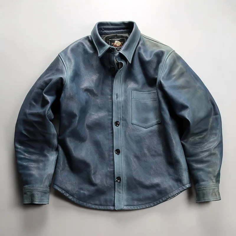 Hand-stitched leather shirt men's lapel casual blue cotton