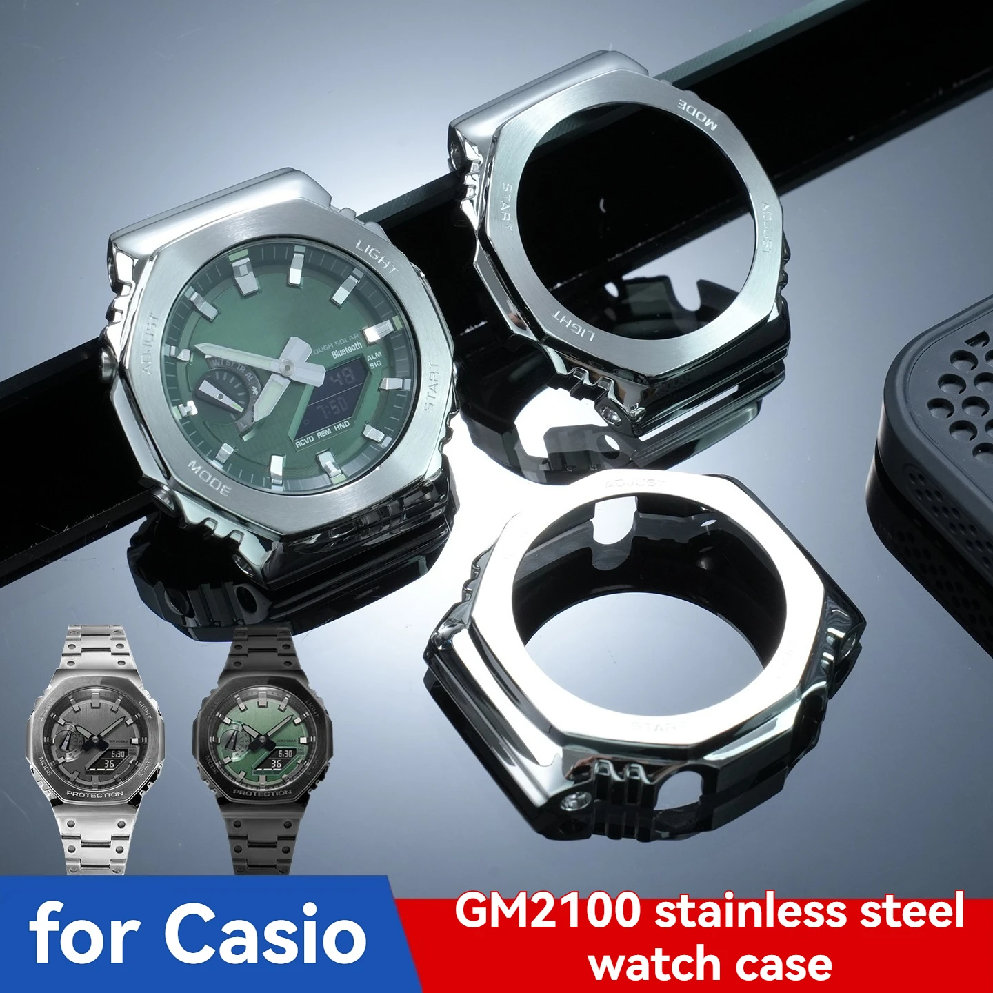 Modified Metal Bezel & Bracelet Kit for Casio GM-2100 GBM-2100 Stainless Steel Octagon Oak Case Cover, Upgrade Replacement Parts