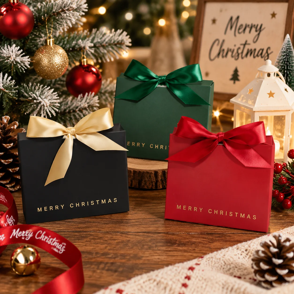 Christmas Gift Box with Ribbon Bow, Elegant Square Present Packaging Box for Holiday Party Wedding Birthday Decoration