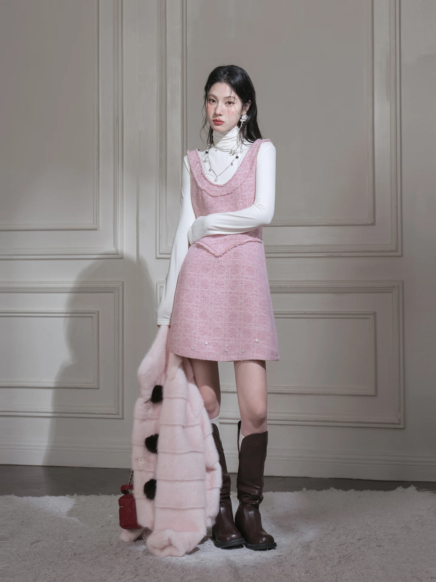 

COTRE Sweet Heart Par Glitter Poer Wool Lyocell Tweed Vest Skirt Soft Sle Bal Zipper Closure Busin Casual Dr