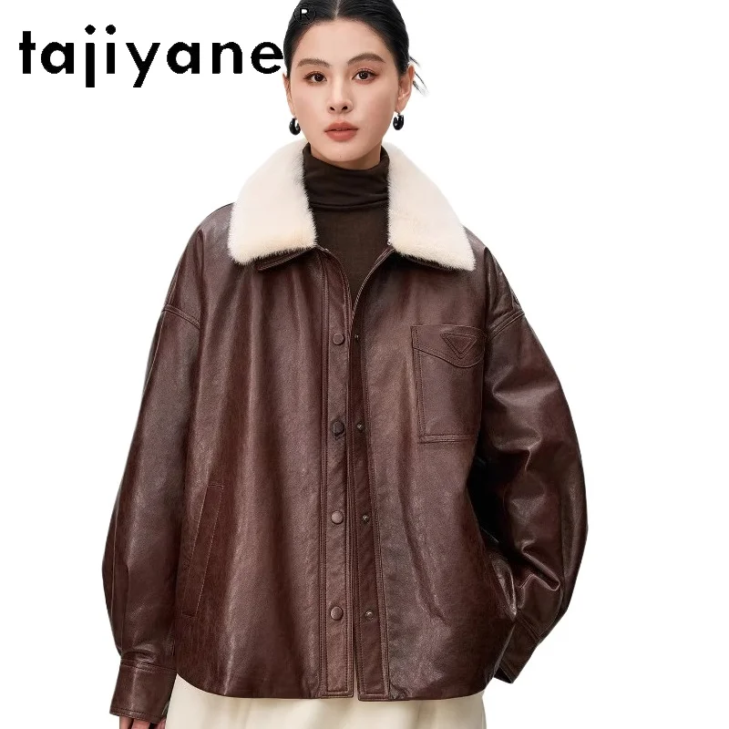 

TAJIYANE Верхнее пальто из овчины на гусином пуху, пальто с норковым воротником, куртка средней длины из натуральной кожи, зимняя женская одежда 2025 шуба