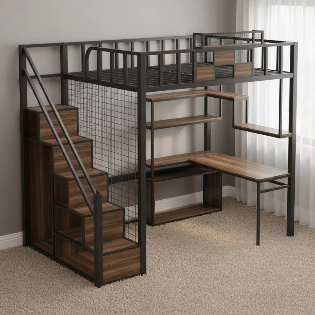 School Dormitory Small Apartment Furniture Metal Bed Frame Bedroom Set Modern Loft Bed with Wooden Storage Ladder and Desk