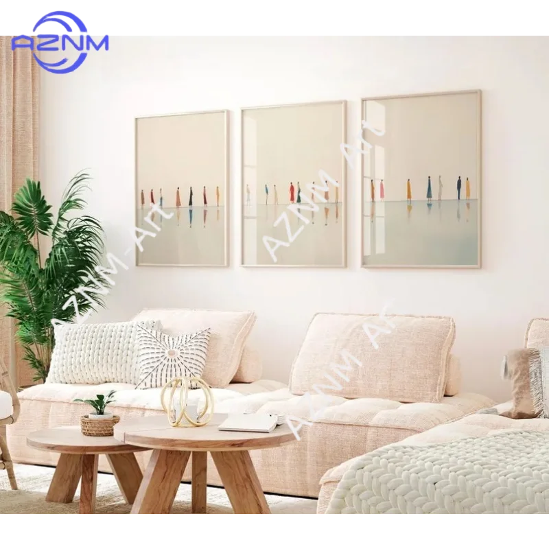 1/3Pcs People by the Sea Wall Art Set of 3 – Minimalist Coastal Triptych Print, Beige & Neutral Decor, Modern Boho Beach Poster