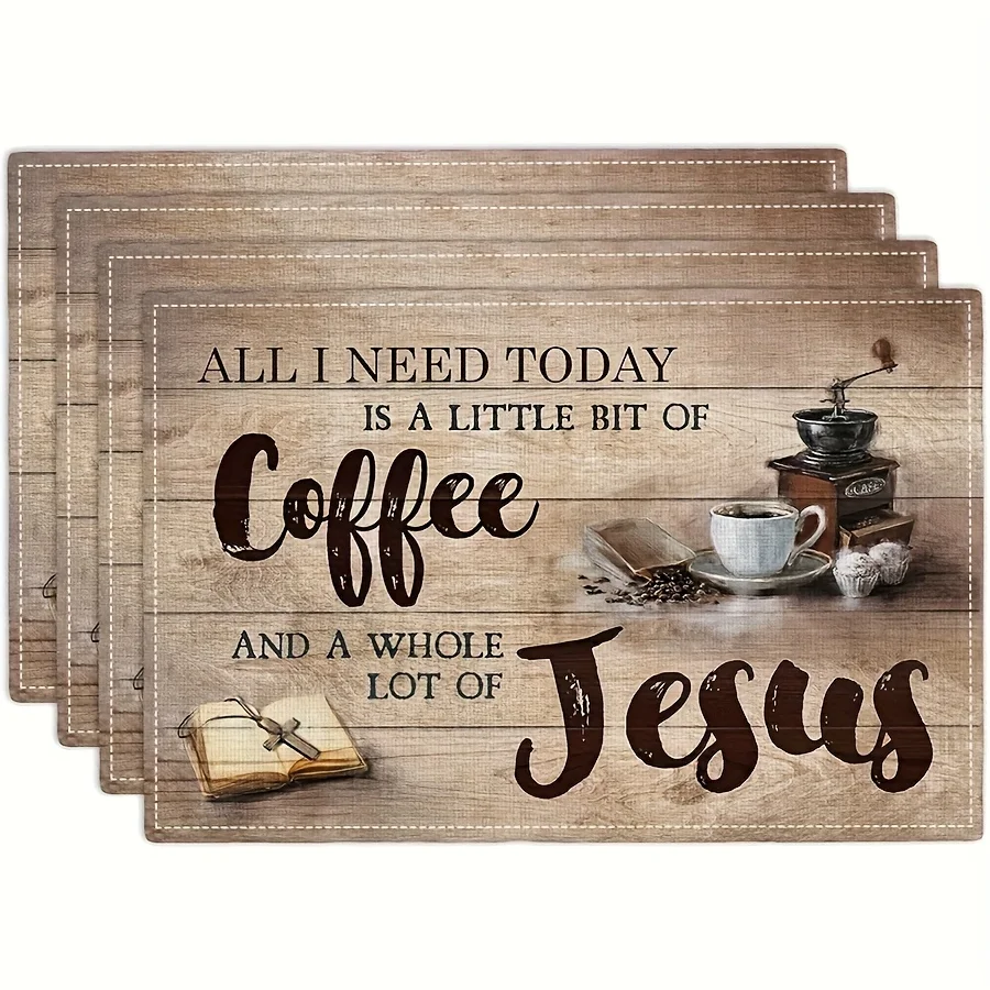 Rustic Wooden Plank Coffee Grinder Cup Bible Cross Jesus Quote Print Rectangular Placemats  Dining Table Decor Mats