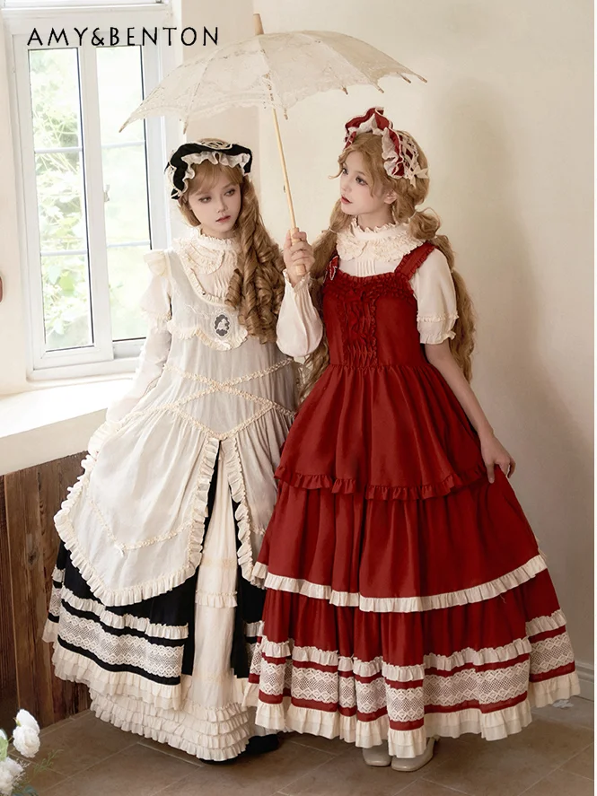 

Elegant Sweet Rural Style Lolita Dress Set High-end Patchwork Mid-length Jsk Dress Short-sleeved Shirt Apron Three-piece Set