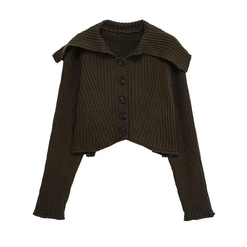 Autumn New Stylish Simple Threaded Button Flip Long Sleeve Knitted Jacket