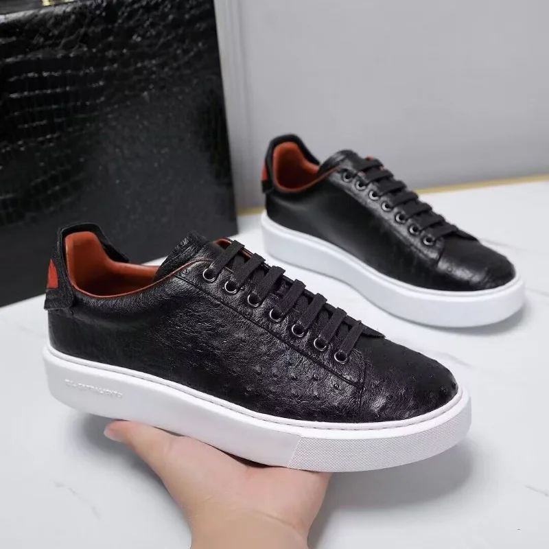 Ostrich Skin Casual Sports Shoes Men Comfortable Genuine Leather Handmade Sewing Wear-resistant Business Thick Sole Sneakers Men