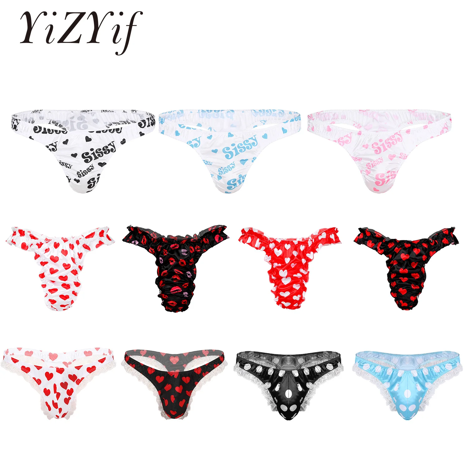 Sissy Panties Mens Underwear Sexy Lingerie Shiny Low Rise High Cut Ruffle Lace Polka Dots Bikini G-string Thong Underwear Men