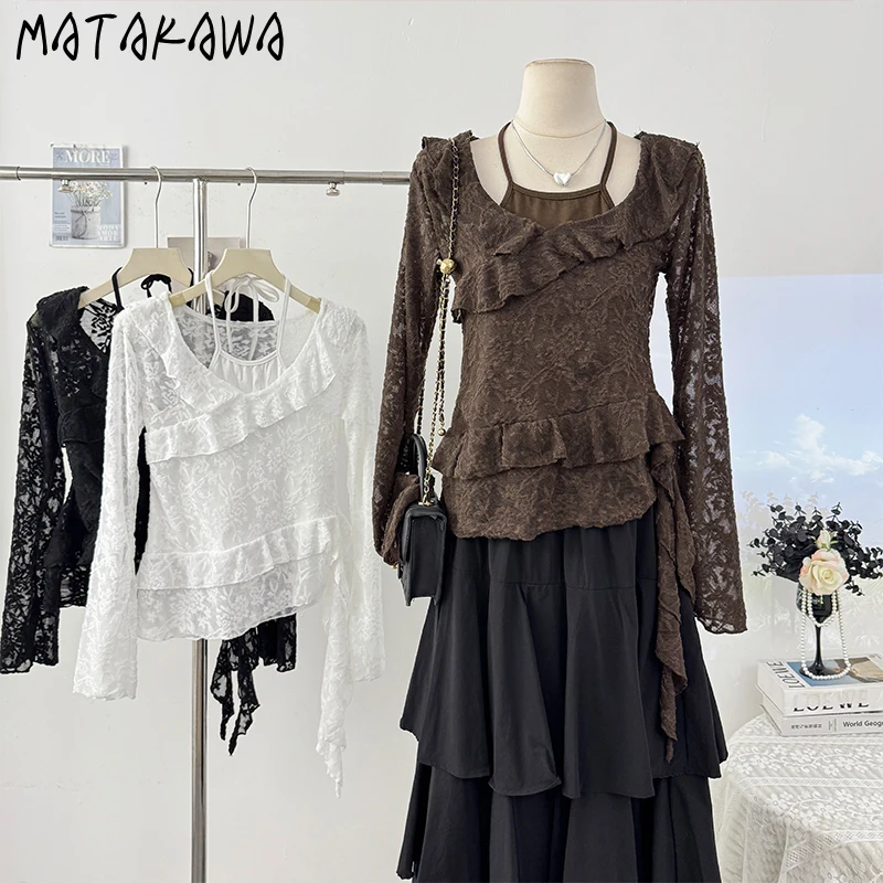 

Matakawa Y2k Clothes Fake 2-х шт. футболка для женщин с однотонными оборками и кружевом Ropa De Mujer корейская мода ретро нерегулярные сексуальные футболки