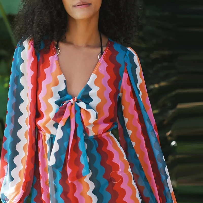 Rainbow Colorful Chevron Print Dress Sexy Beach Maxi Dresses Women Stuning Party Gown V-Neckline Tie Knot A-Line Resortwear Chic