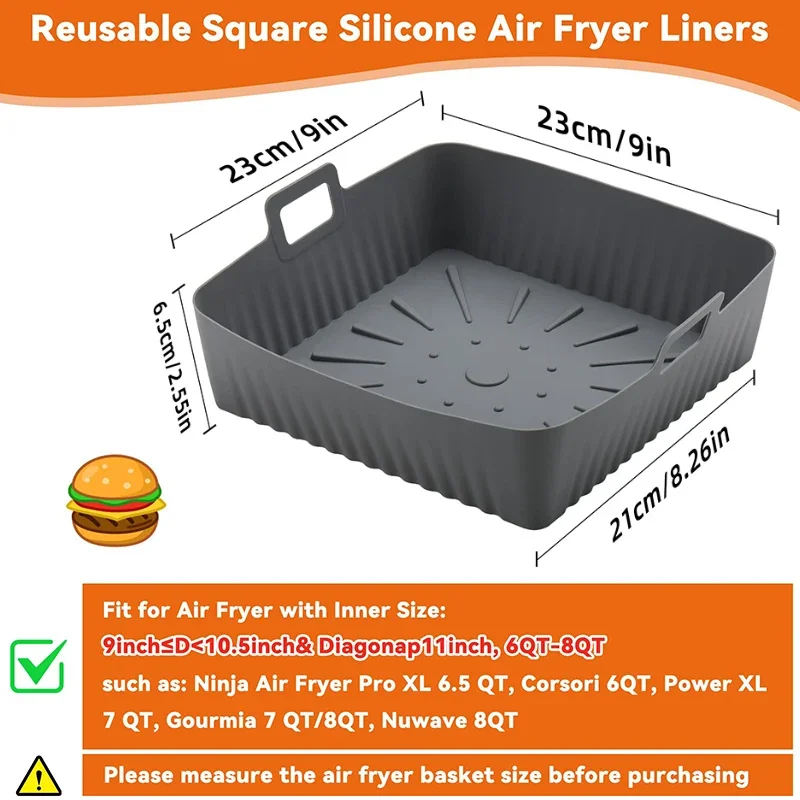 9inch XXL Silicone Air Fryer Liners for Cosori/Ninja 6-8QT - 23cm Square Reusable Baking Tray Oil-Free & Dishwasher-Safe