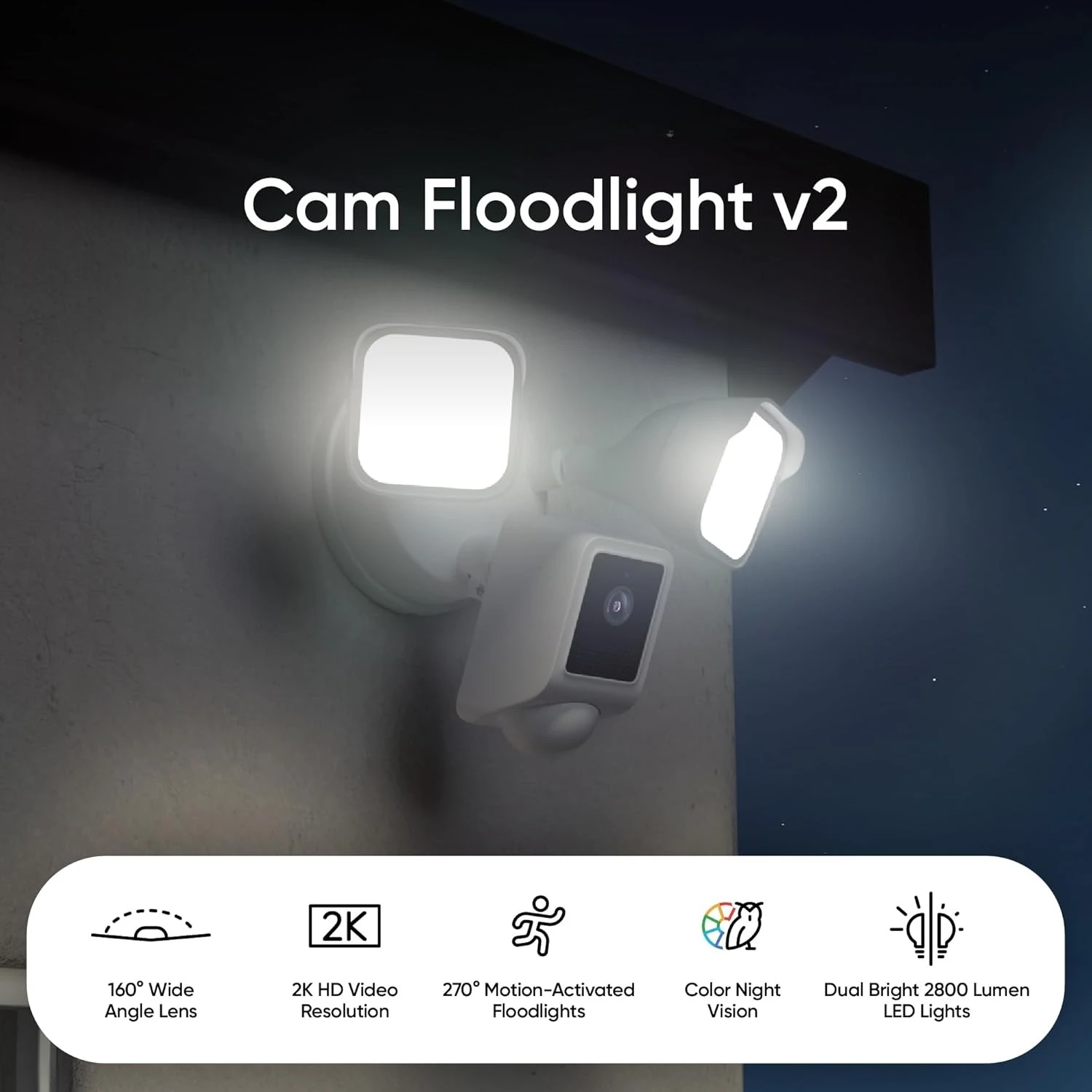 

Floodlight Camera v2, 2800-Lumen LEDs, 2K HD Outdoor Security Camera, 160° Wide View, Motion Activated Light, 105dB Siren