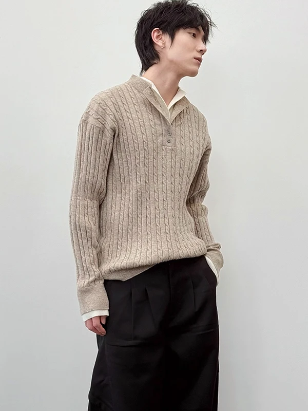 

Ретро витой вязаный свитер с воротником Генри, мужской свободный повседневный осенне-зимний американский ленивый свитер из двух предметов