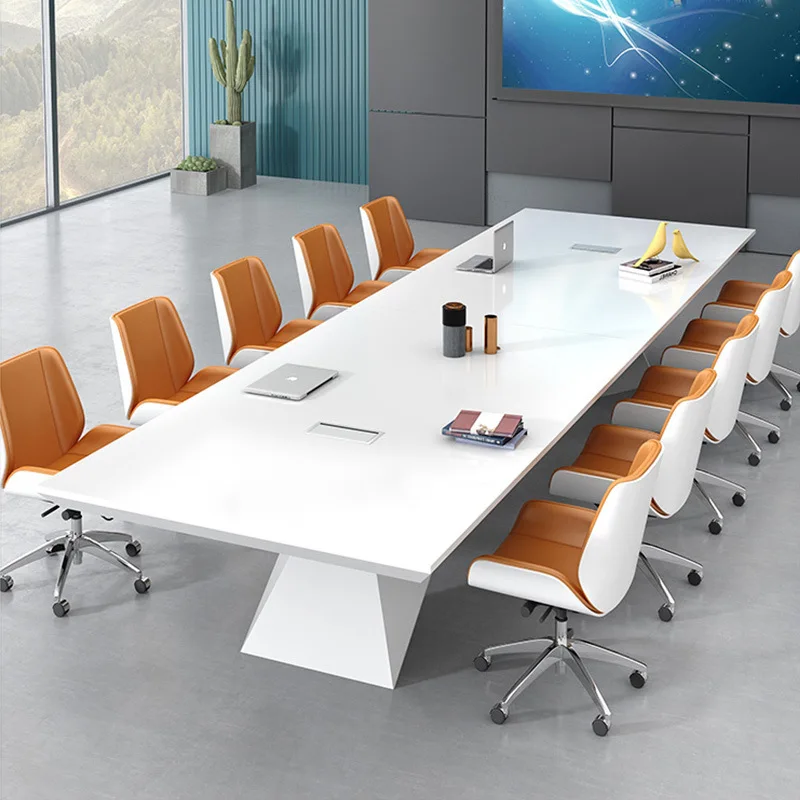 

White paint conference table large meeting table office furniture negotiation table and chair combination