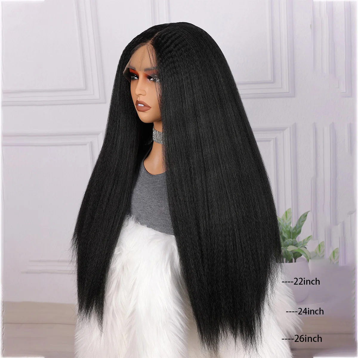 Perruque Yaki Lace Front Wig sans colle noire pour femme, cheveux crépus lisses, longs et doux, densité 180, baby hair, préplumée, degré de chaleur 03/26