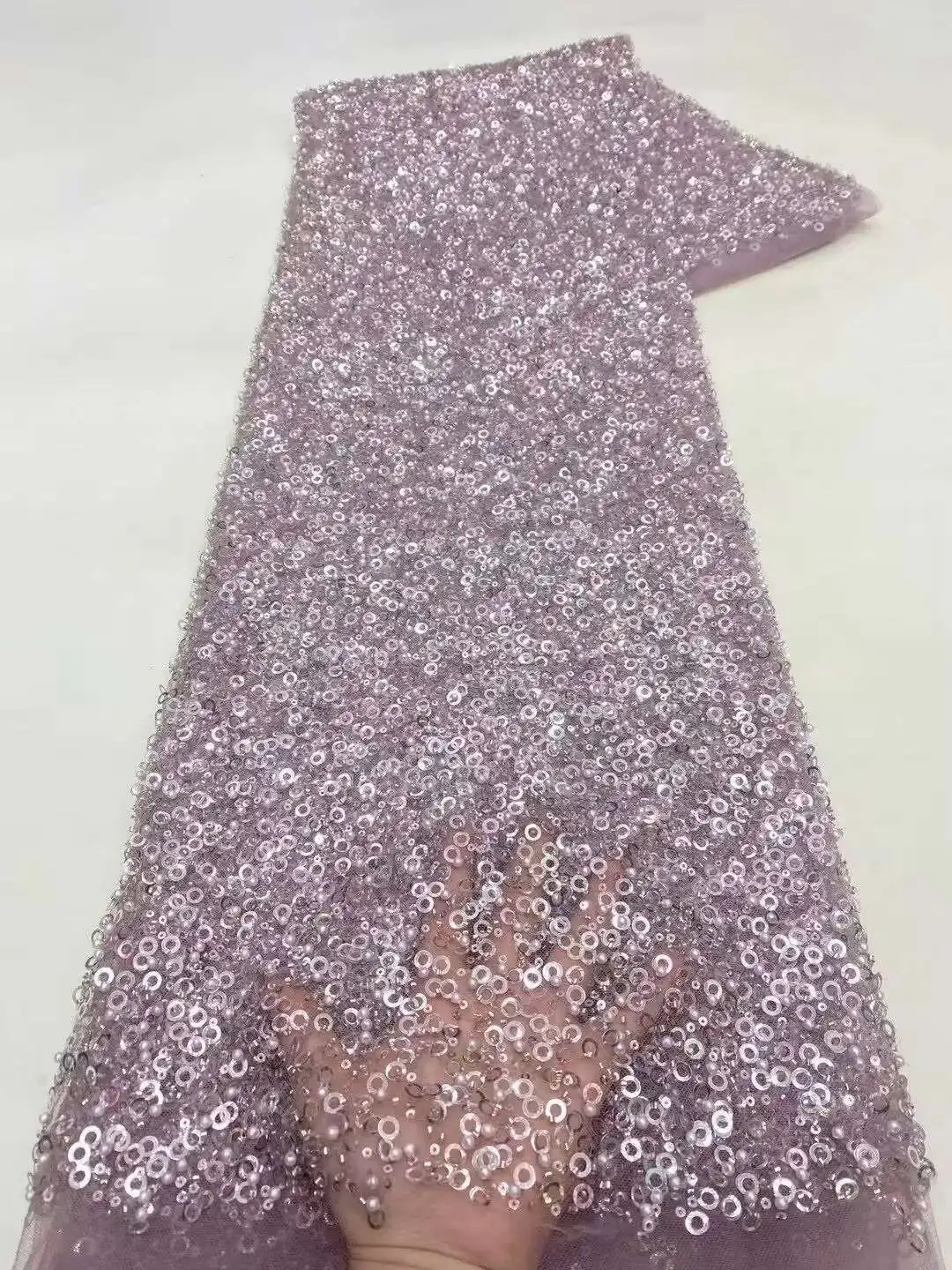 

New Design Luxury French African Handmade Beads Tulle lace Latest Embroidery Sequins Mesh Lace Nigeria Fabric For Wedding Dress