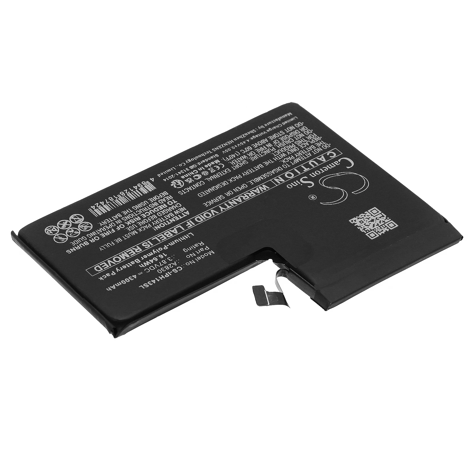 Li-Polymer Mobile, SmartPhone Battery for Apple, 3.87V, 4300mAh, Compatible Models: iPhone 14 Pro Max (Part No:A2830 )