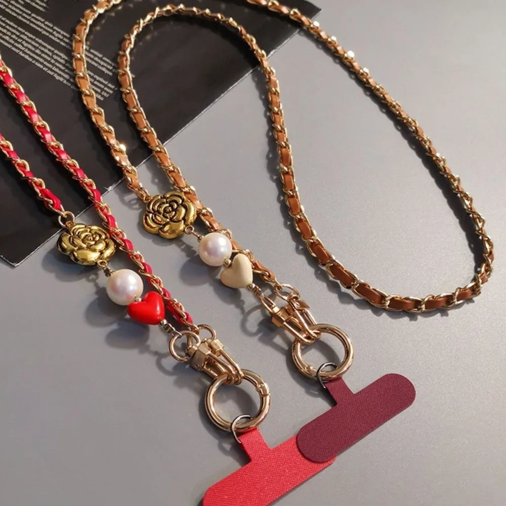 

Pearl Mobile Phone Diagonal Lanyard Camellia Luxury Crossbody Phone Rope Metal Chain Fashion Mobile Phone Strap Outdoor Travel