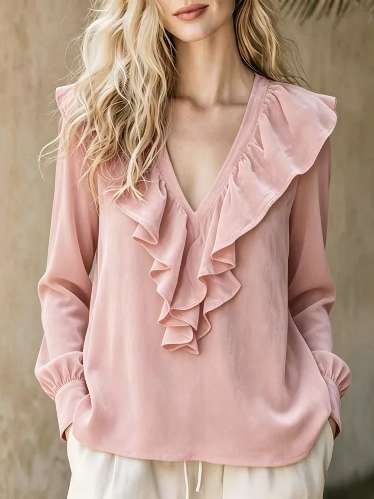 Autumn Women's Long Sleeve Casual Style Polyester Material 2026 New Fashion V-neck Ruffle Edge Top