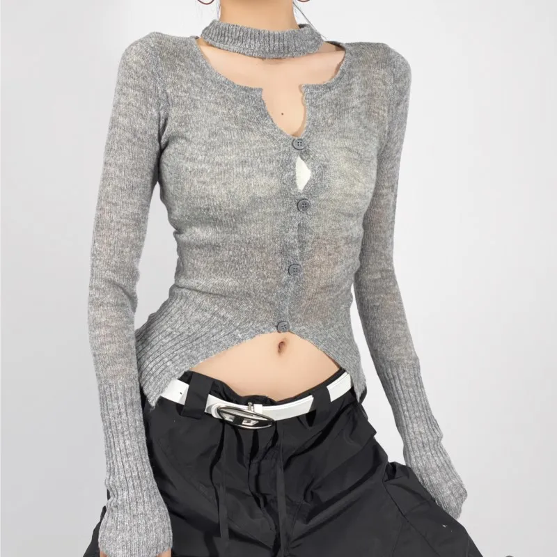 Woman Extra Long Sleeve Slim Jumper Knitwear The Spice Girl Hole Button Through Hollow Out Front Halter Knit Cardigan Sweater