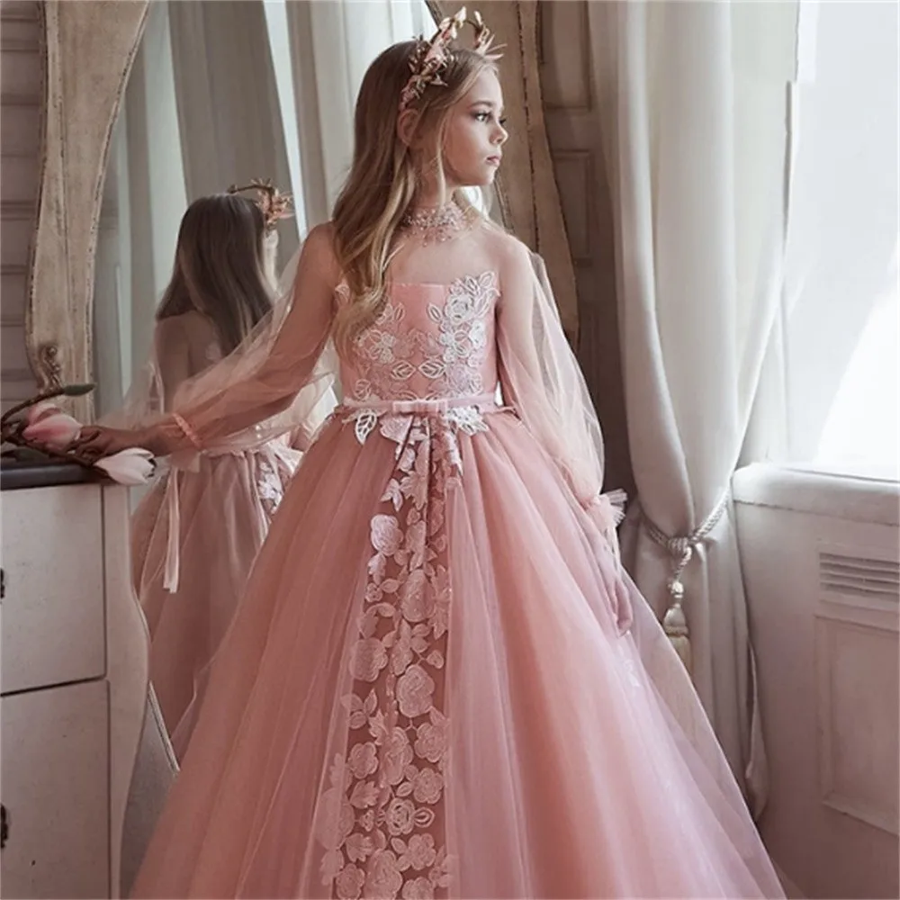 

Flower Girl Dresses Tulle Lace Printing Trailing Gorgeous Princess Wedding Party Ball First Communion Dresses Birthday Present