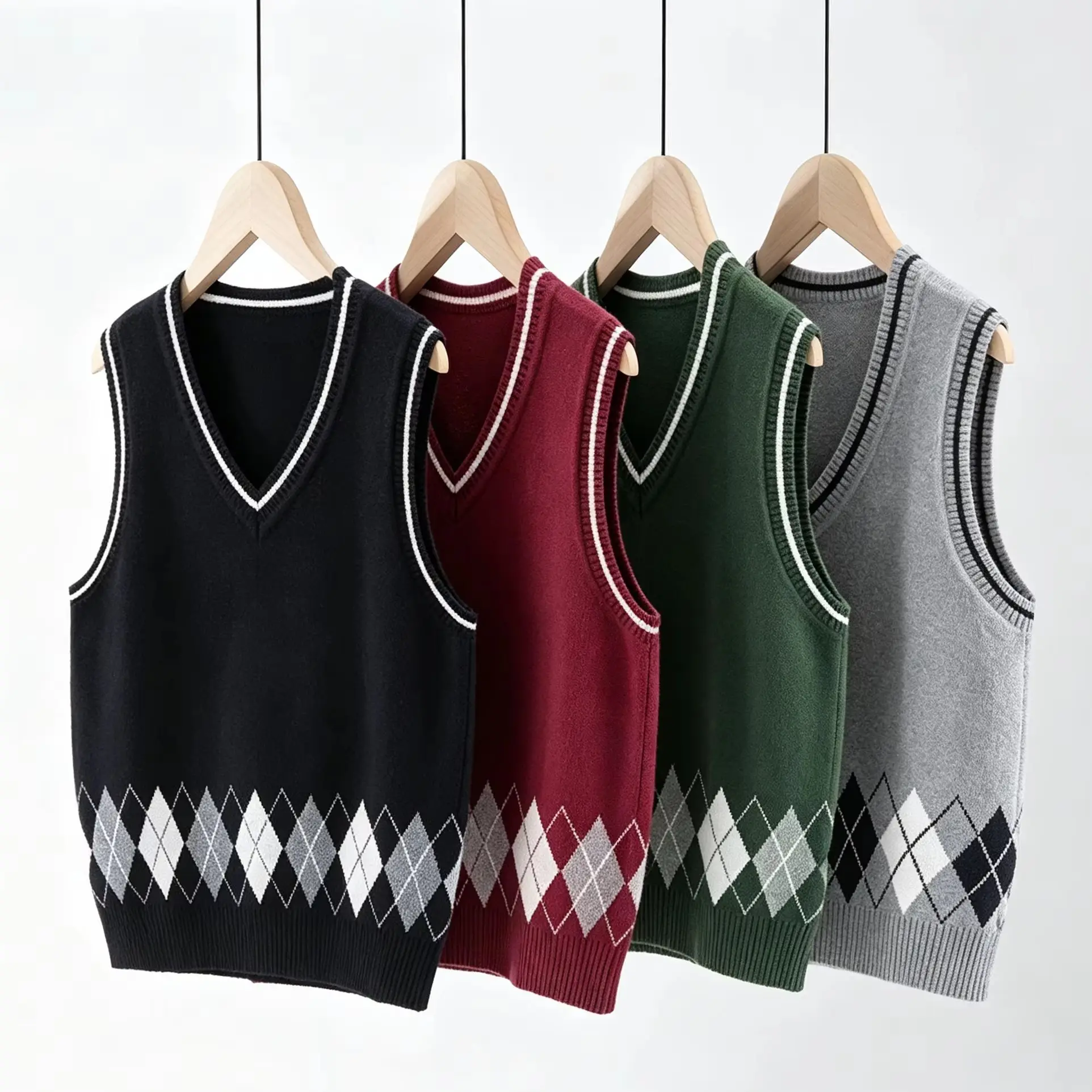 Kids Knit Sweater Vest Autumn Winter V‑Neck Argyle Preppy School Waistcoat Striped Trim Sleeveless Knit Top For Boys Girls 3‑12Y