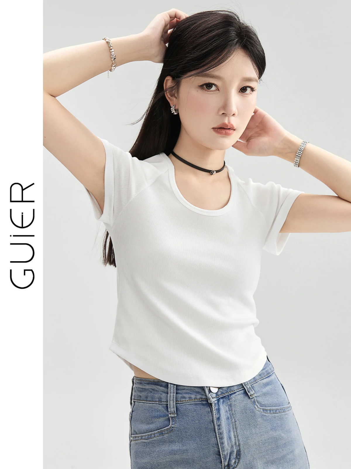 

Guier Women's Slim Fit ort Sve T-irt round Ne White ort Length Summer New Sle Casual Comfortable Breathable Top