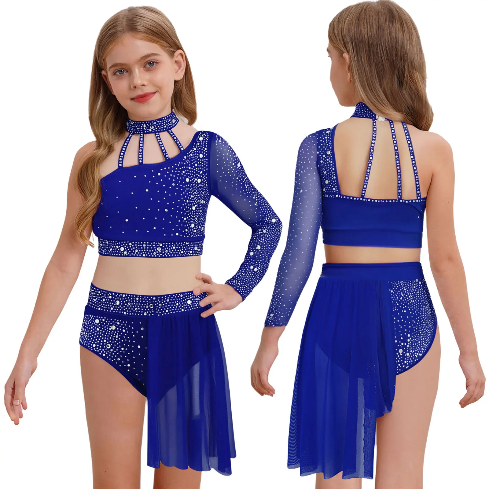 

Kids Girls Ballet Dance Sets Ballerina Costume Lyrical Dance Outfit Long Sleeve Rhinestone Crop Top with Skirt Stage Costume