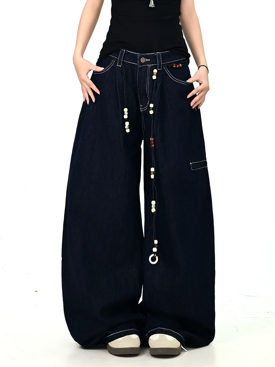 

Loose Women's Wide Leg Jeans Belted Knife Street Sle Korean Loose Fit Long Pants Casual Wear Autumn Season Ladies