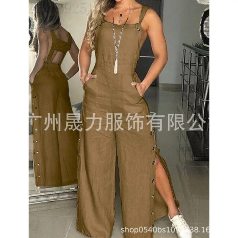 Women's Sleeveless Wide Leg Jumpsuit Chic Side Slit Pocket And Button Closure Solid Color Loose Straight-Leg Female Long Romper
