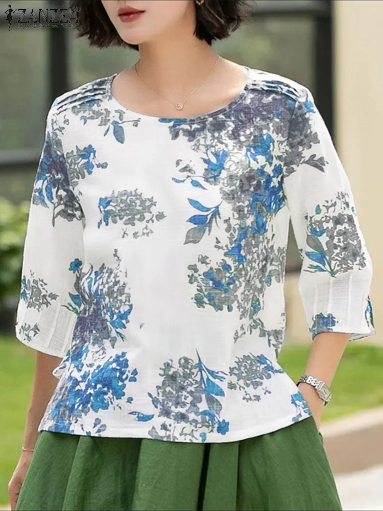 بلوزات صيفية كلاسيكية من ZANZEA لعام 2025 للسيدات بأكمام 3/4 بلوزة غير رسمية مطبوعة بالزهور ورقبة مستديرة بلوزات فضفاضة كبيرة الحجم