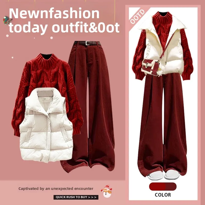 

Женский повседневный красный свитер, хлопковый жилет, утягивающие повседневные брюки, комплект из футболки, осенне-зимний ансамбль Faion на Новый год