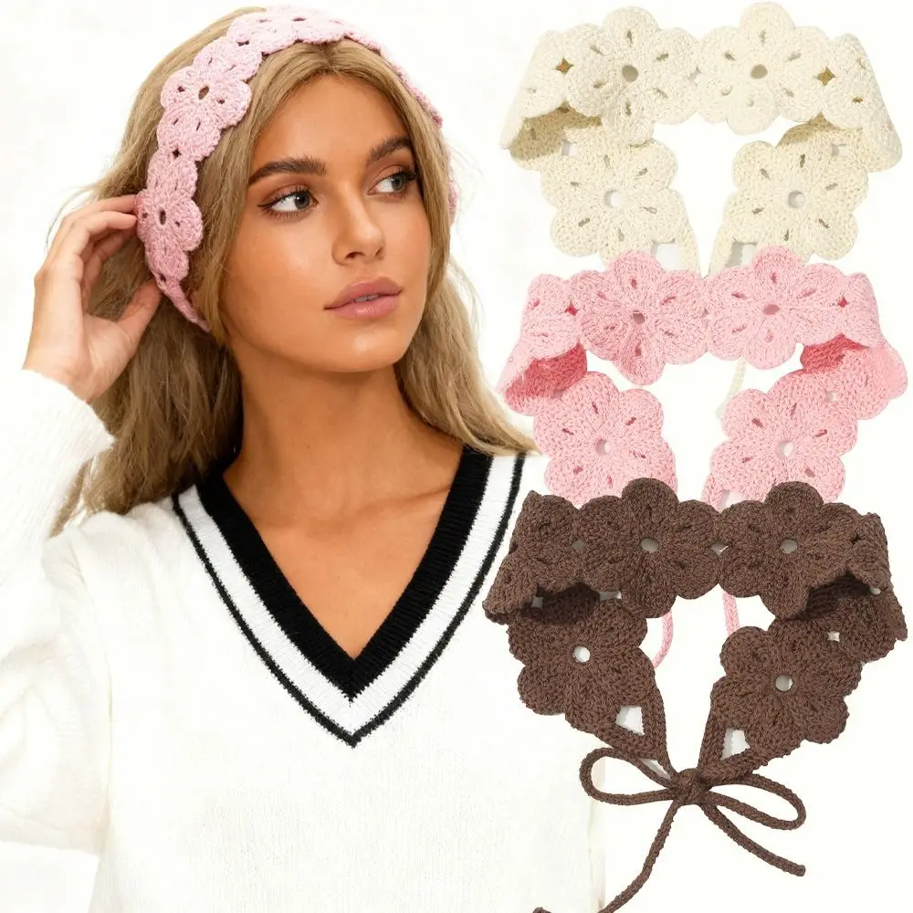 

Sweet French Knitted Headband Retro Floral Crochet Flower Hair Band Bohemian Pastoral Long Knit Turban Girls