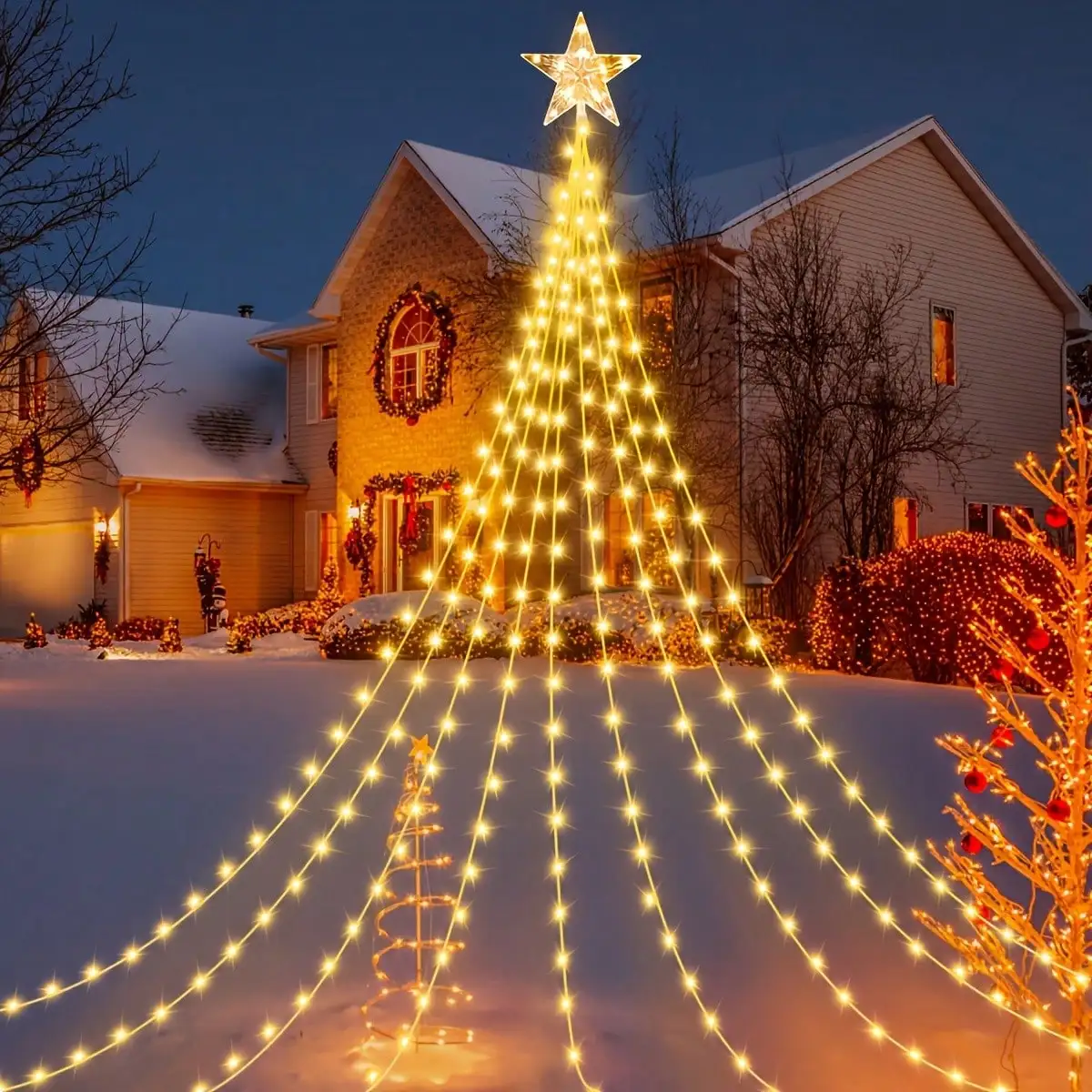 Solar Five-Pointed Star Waterfall Light: 210LED 6.56Ft 8 Modes, Multi/Warm Color Outdoor Xmas Decor